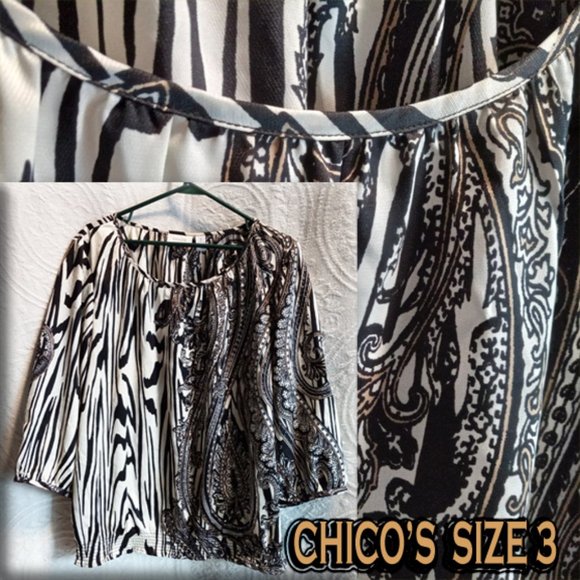 Chico's Satin Feel Black White Gold Versatile Blouse W/Shirred Waist XL (T-207) - Picture 1 of 13